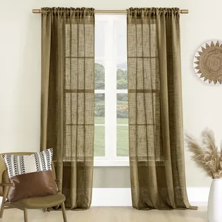 Rustikale Jute-Vorhänge, 213 cm lang, für Wohnzimmer, warm, Winter, Erdton, durchscheinend, Lodge, Boho, Primitive Dekoration, Jute, Leinen, Tweed, strukturierter Bambusvorhang für Fenster,