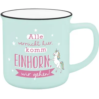 GRUSS & CO Becher in Emailloptik " Alle verrückt hier, komm Einhorn wir gehen.