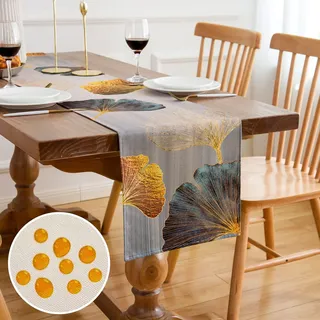 Tischläufer Landhaus Tischläufer Abwaschbar Outdoor Tisch läufer Grau Modern Esszimmer Gelb Goldener Türkis Ginkgo Biloba Tisch läufer für Drinnen und Draußen Wohnzimmer Dekor 33x183cm