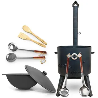Utschak Feuerofen Gusseisen Topf flacher Boden mit Deckel (22 L) KazanoFF, Учаг, Kazan Outdoor, Feuerschale, Camping, Kasan, Gulaschkanone Dutch Oven (Set 22F-1)