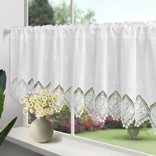 Baumwoll Vorhang Landhaus Gardine 50 cm Hoch, Stickerei Bistrogardine Weiß Privatsphäre Fenstervorhang, Gardinen für Wohnzimmer, Schlafzimmer, 50x150cm(H×B)