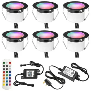 INDARUN RGBW WiFi-LED-Terrassenleuchten, wasserdicht, IP67, Ø45 mm, 12 V, Bluetooth-LED-Sockelleuchten für Terrasse/Terrasse/Weg/Wand/Garten/Dekoration, 6 Packungen