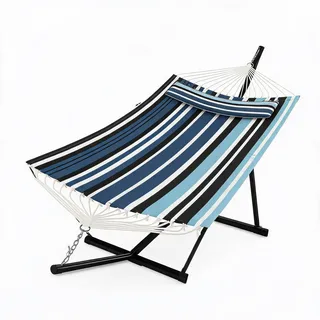 JustSmart Freistehende Doppel-Hängematte mit Gestell & Kissen – 2 Personen – 450 lbs Belastbarkeit – Balance-Seil, 12 ft Set für Garten, Terrasse & Pool – Light-Dunkelblau Stripe