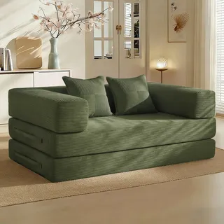 Vipbear Schlafsofa 160cm Breit, Boneless Couch mit Schlaffunktion Cord Sofa | 5-in-1 Bodensofa, 2 Sitzer Boneless Schlafcouch, Cloud Modulares Sofa Bed für Wohnzimmer Schlafzimmer Lounge Grün
