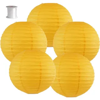 Surwin 5 pcs Bunte Papierlaterne Set, Hochzeitsdeko Party Deko Lampions, Rund Papierlampe Hängend Papierlaternen für Geburtstag, Abschlussfeier, Babyparty, Brautdusche (Gelb,10 Zoll)