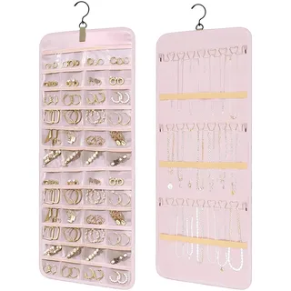 Schmuck-Organizer zum Aufhängen,Aufbewahrungsrolle mit Aufhänger,Schmuckaufbewahrung Doppelseitige mit Metallhaken,Schmuck Organizer Hängend für Ohrringe Halsketten Ringe an Schrank,Wand,Tür