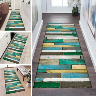 QQrunner Teppich Läufer Flur rutschfest Blau Grün Meterware 60x450cm Waschbar Küchenteppich Holzmaserung Schlafzimmer Korridor Teppichläufer Lang, Anpassbare Größe, 60-120cm Breit