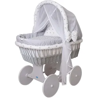 Waldin Baby Stubenwagen-Set mit Ausstattung, XXL, Bollerwagen, komplett, 24 Modelle wählbar, Gestell/Räder grau lackiert, Stoffe grau/Sterne grau