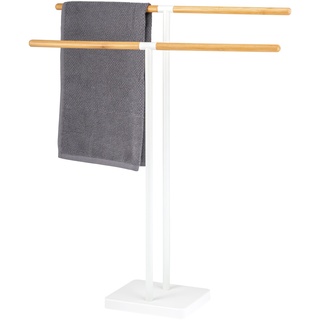 eluno Stand-Handtuchhalter freistehend, 2 Stangen, Handtuchständer, Bambus/Metall (Weiß)