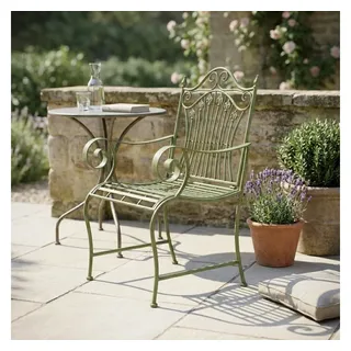 Antikas Dekokissen Gartenstuhl Eisen antik grün lackiert mit Armlehnen Vintage, H.95 cm grün