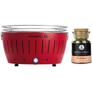 LotusGrill XL G435 Rot Tischgrill Holzkohle raucharm + Ankerkraut-Gewürz BBQ Set