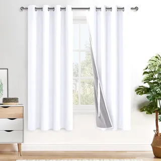 XWZO 100% Blickdicht Vorhänge Weiß, Doppellagige Dicker Verdunklungsvorhänge mit Ösen, Schallschutz Thermovorhänge 2er Set Schlafzimmer Gardinen, Blackout Curtain, 175x140 cm(HöhexBreite)