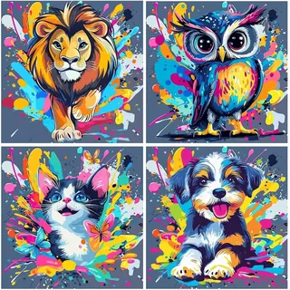 FLAJZ Malen Nach Zahlen Kinder, 4 Stück Süße Tiere Malen Nach Zahlen ab 5 6 7 8 9 10 11 12 Jahre Junge und Mädchen, Farbiges Leinwand Acrylfarben DIY Ölgemälde Set zur Heimdekoration, 20x20cm