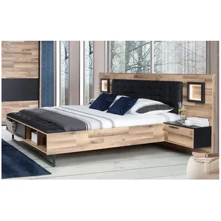 Bettanlage 160 cm Bett Nachttisch inkl. LED Jakobina Stabeiche und Schwarz Eiche