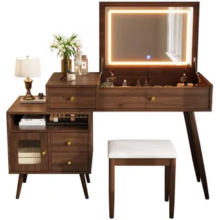 Stilvora Schminktisch, Walnuss, Holzwerkstoff, 4 Schubladen, Rechteckig,Rechteckig, konisch, 120x77.5x50 cm, Schlafzimmer, Schminktische