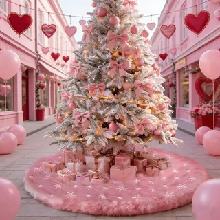 122 cm Weihnachtsbaumrock zum Valentinstag Rosa, Pink Weihnachtsbaum Rock Fell mit Silbernen Pailletten Schneeflocken, Tannenbaum Decke für Weihnachtsdeko für Winter,Herbst,Valentinstag Holiday