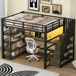 BTM Jugendbett 140 x 200 cm Metall LED Hochbett mit Schreibtisch und Staufächern, Kinder Hochbett mit Treppe, Schwarz