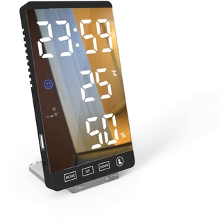 ThreeH Wecker mit Temperatur Luftfeuchtigkeit Smart Clock mit Ladeanschluss Spiegeloberfläche für Heimdekoration Schwarz_Weiß