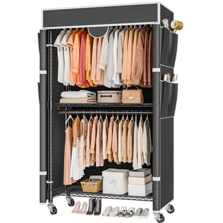 Himimi Kleiderständer mit Abdeckung, Kleiderständer auf Rollen Schwerlast, Kleiderstange Stabil mit Höhenverstellbar Ablage, offener Kleiderschrank Metall Garderobe für Schlafzimmer, 90x45x205 cm