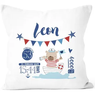 SpecialMe® Geburtskissen Junge Kapitän Anker, personalisierbares Kissen zur Geburt, Namenskissen Geschenk Geburt Wunschname, Kissen-Bezug ohne Füllung Weiss Unisize