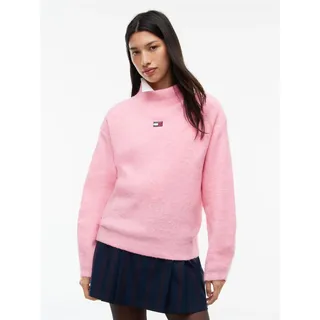 Stehkragenpullover TOMMY JEANS "TJW MOCKNECK BADGE SWEATER EXT", Damen, Gr. XL (46), rosa (pink sugar), Strick, Obermaterial: 55% Polyester, 19% Polyacryl, 15% Alpaka, 8% Wolle, 3% Elasthan, unifarben, normal, Rundhals, Pullover Stehkragenpullover, Materialmix mit Alpaka