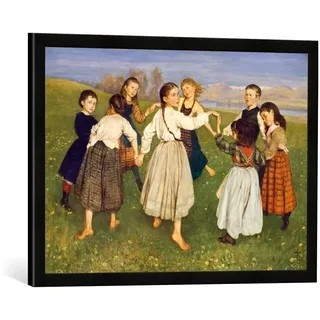 Gerahmtes Bild von Hans Thoma Kinderreigen, Kunstdruck im hochwertigen handgefertigten Bilder-Rahmen, 70x50 cm, Schwarz matt