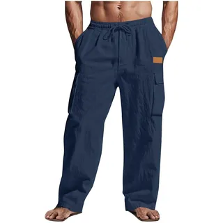 CSHE Jogginghose Herren Sommer Leinenhose Leicht Freizeithose Bequem Atmungsaktive Sporthose Einfarbige Leinen Hose mit Taschen Elastischer Weite Bein Cargohose - M