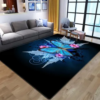 Xisnuient Kinder Teppiche 3D Doodle Schmetterling Blume Muster Jungen MäDchen Wohnzimmer Teppich Kids Zimmer Spiel Flauschiger Carpet Waschbar KüChe Bad Anti-Rutsch-FußMatte (Schwarz,120x160 cm)