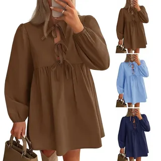 YGSIKY Damen Minikleid mit Langen Puffärmeln und Fliege vorne,Schößchen,Herbstkleider,A-Linie kurzes Rüschenkleid süßes fließendes Tunikakleid,Babydoll-Schößchen,lässiges Mini-Tunikakleid