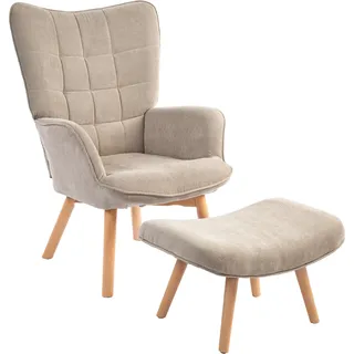 HOMCOM Sessel mit Hocker, Ohrensessel in Cord-Optik, Loungesessel, Armlehnstuhl mit Holzbeine, Fernsehsessel für Wohnzimmer, Hellbraun   Aosom
