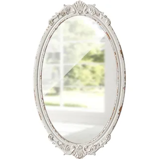 Sintosin Vintage Spiegel Oval Weiß 60 x 35 cm, Barock Antiker Dekorative Wandspiegel mit Holzrahmen, Spiegel Wand für Wohnzimmer, Schlafzimmer, Badezimmer, Flur, Horizontal oder Vertikal