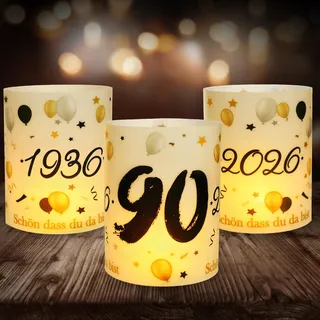 12 Windlicht Tischdeko 90 Geburtstag, Seutgjie 90. Geburtstag Jubiläum Deko Mann Frau 1936-2026 Schwarz Gold für Teelichter oder Kerzen