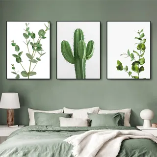 EXQULEG 3er Set Premium Poster, Modern Poster Grüne Pflanzen Bild Set, Kunstdruck Blätter Kaktus Bilder für Schlafzimmer Deko, Ohne Rahmen (30x40cm)