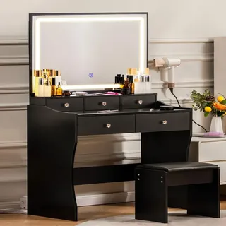 COMHOMA Schminktisch mit Spiegel und LED, 5 Schubladen, 80 x 40 x 135 cm mit Hocker Steckdosen+verstellbaren LED-Beleuchtung, schwarz