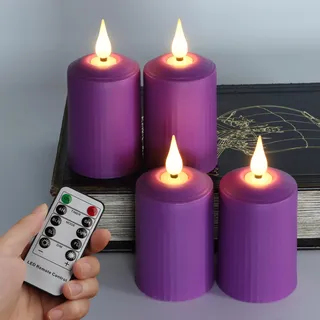 FREEPOWER 4er Set Lila LED Kerzen mit Fernbedienung und Timer | Batteriebetrieben Flammenlose Stumpenkerzen Flackern Warmweiß Advenskerzen, Adventskranz Deko, 350+ Stunden, Ø5 x 10,5cm