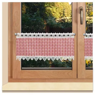 Landhaus-Scheibenhänger Leni rot-weiß karierter Stoff / kleine eingewebte Herzen / Kurzgardine mit weißer Spitzenkante und Lochschaube aus feiner Vogtländischer Stickerei / 27 cm Höhe