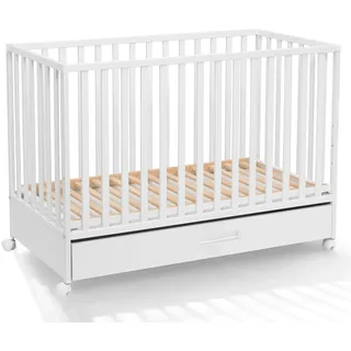ATB Weiss Babybett mit Schubladen LUX 60x120 und Matratze - Weiss Baby Bett Für Baby - Massivholz Bed 120x60 - Kinderbett ab 3 Jahr - Weiß Crib 60 x 120 - Beyaz Bebek Yatagi - Komplett Cots Für Sleep