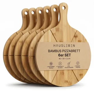 hausleben Pizzabrett 33 cm Bambus 6er Set – Rundes Schneidebrett mit Griff | Schneiderillen Holz Pizzateller für Flammkuchen, Servierbrett für Pizza, Holzbrett, Servierteller, Leicht zu Reinigen
