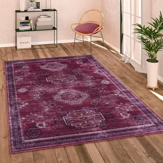 Paco Home - Teppich Wohnzimmer Flachgewebe Vintage Orient Ornamente Bordüre, Waschbar Rot, 160 cm Rund,