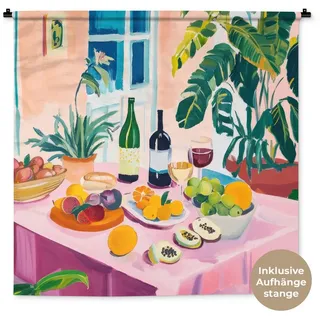 MuchoWow Wandteppich Tisch - Wein - Obst, Quadratisch, Höhe: 3 mm, Wand Teppich Wohnzimmer, Schlafzimmer, 150x150 cm Quadratisch | 150 cm x 150 cm x 3 mm