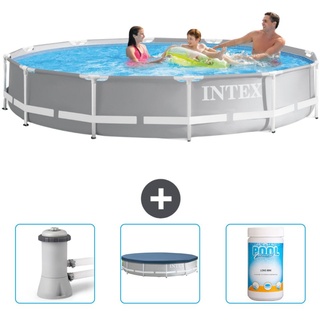 Intex Pool mit rundem Prismenrahmen – 366 x 76 cm – Grau – im Lieferumfang enthalten Filterpumpe für Schwimmbad - Abdeckung - Chlor