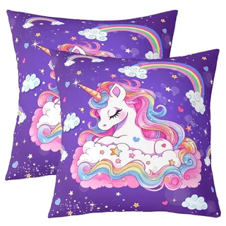 Homemissing Cartoon Einhorn Kissenbezüge 50x50cm Kinder Regenbogenwolke 2er Set Kissenbezüge Kissenbezug für Jungen Mädchen Traumhaft Pferd Gedruckt Kissenhülle Lila Galaxie Magisch Tiere Dekokissen