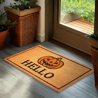 BRUBAKER Halloween Fußmatte für Außen und Innen - Hello mit Grusel Kürbis | 45 x 75 cm Schmutzfangmatte aus 100% Kokos - Antirutsch Fußabtreter Wetterfest und rutschfest - Outdoor Türmatte