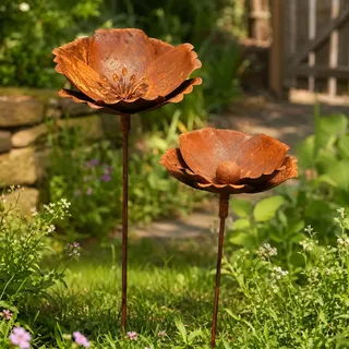 Rostige Gartendeko 2er Set Rost Deko für Garten Cortenstahl Gartenstecker Metall Blume Mohn Rostige Gartendeko Rost Vintage Beetstecker Garten Deko Draußen