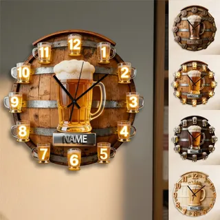 Personalisiertes Bier-Themen-Wanduhr für Schlafzimmer, Wohnzimmer, Büro, Bar, Club, personalisierter Name Cheers Bierglas Wandkunst 2D Flachdruck Fass Dekoration Mode