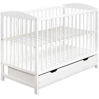 moto-MOLTICO Kinderbett Babybett 60x120 cm - Weiß | Gitterbett mit Schublade, Höhenverstellbarem Lattenrost und Schlupfsprossen, Umbaubar zum Juniorbett