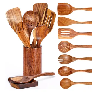 Tiamu Kochbesteck-Set mit Halter, 9 Stück Kochlöffel Set zum Kochen, Pfannenwender Kochlöffel Schöpfkelle Nudelheber Servierlöffel Sieb, Holzkochlöffel 100% aus Natürlichem Teakholz