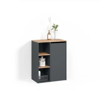 livinity® Badschrank, Paolina, Anthrazit/Goldkraft Eiche, 68 x 88.2 cm | mit offenen Regalen und Wäschekorb