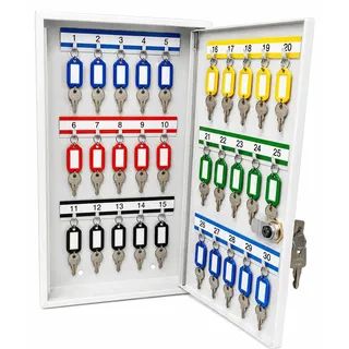 LEOMAR Schlüsselschrank, Schlüsselkasten mit 30 Haken, Schlüsselbox aus Stahlblech, mit Festen Hakenleisten, Organizer zur Wandbefestigung, Abschließbar, mit Montagematerial, 6 x 20 x 32 cm