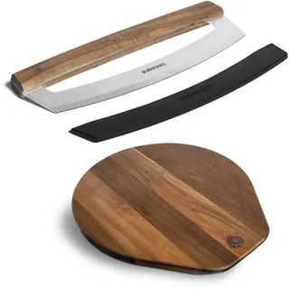 BURNHARD® Pizzabrett Bundle mit Wiegemesser, Klingenstahl & Akazienholz, 34 cm ⌀ runder Pizzateller mit Griff